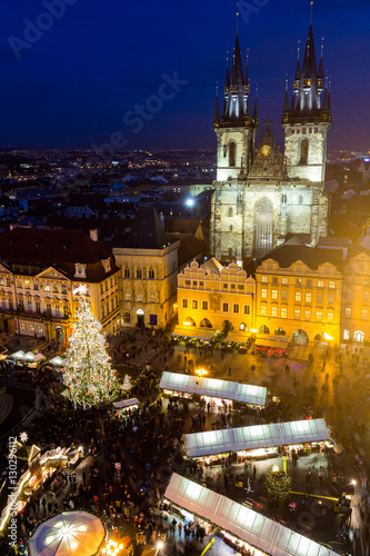 Christmas market on the night in Old Town Square  Prague  Czech Republic