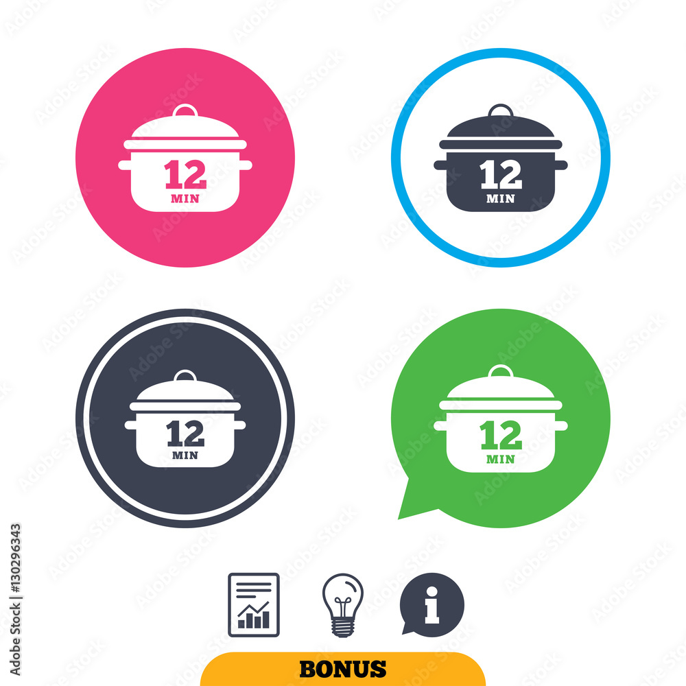 Boil 12 minutes. Cooking pan sign. Stew food. Boil 12 minutes. Cooking pan sign. Stew food.