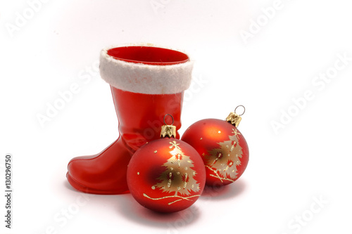 Red Christmas boots with two red Christmas balls with a pattern isolated on white background