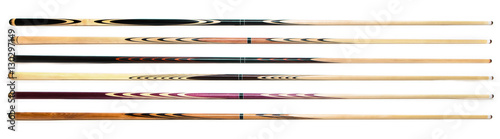 billiard cue sticks on white background