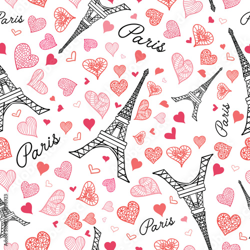 Vector Eifel Tower Paris Seamless Repeat Pattern Bursting With St Valentines Day Pink Red Hearts Of Love. Perfect for travel themed postcards, greeting cards, wedding invitations.