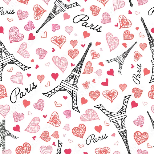 Tapety Wektor wieża Eifel Paryż bezproblemowa powtarzalny wzór pęknięcie z St Valentines Day różowe czerwone serca miłości. Idealny na pocztówki tematyczne, kartki okolicznościowe, zaproszenia ślubne.