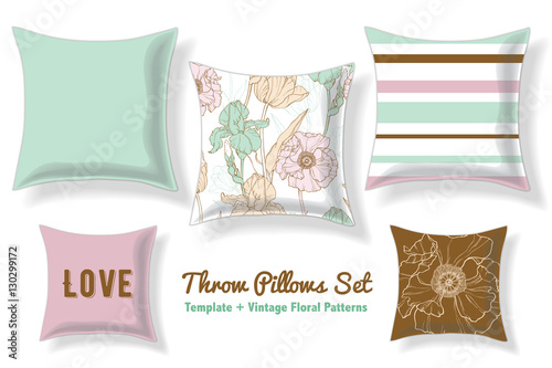 Set Of Floral Throw Pillows In Matching Unique Pastel Seamless Patterns And Designs. Square Shape. Editable Vector Template.