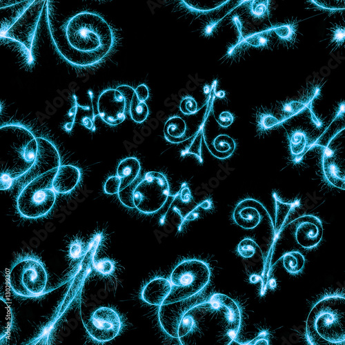 Seamless pattern of Happy New Year with blue sparklers on black