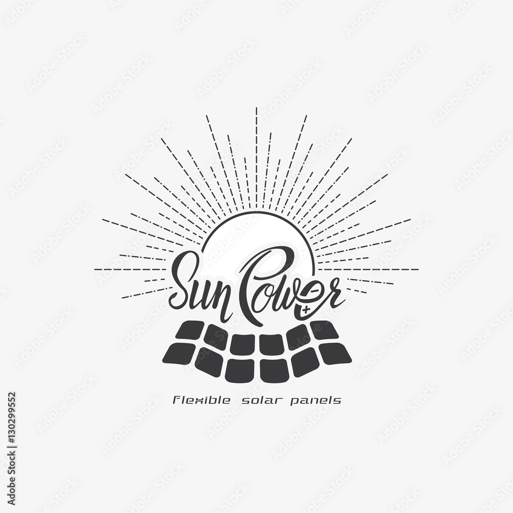 Renewable energy label with hand lettered text 'Sun power' isola Renewable energy label with hand lettered text 'Sun power' isola