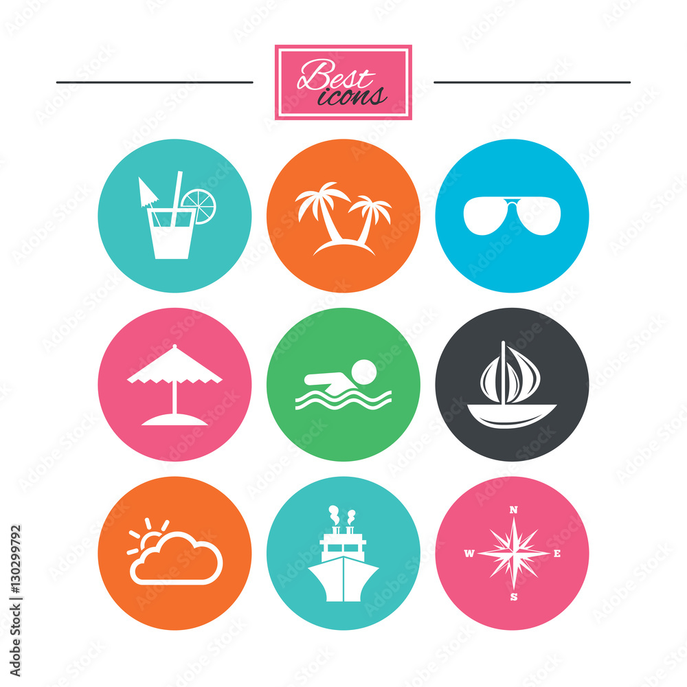 Cruise trip, ship and yacht icons. Travel signs.