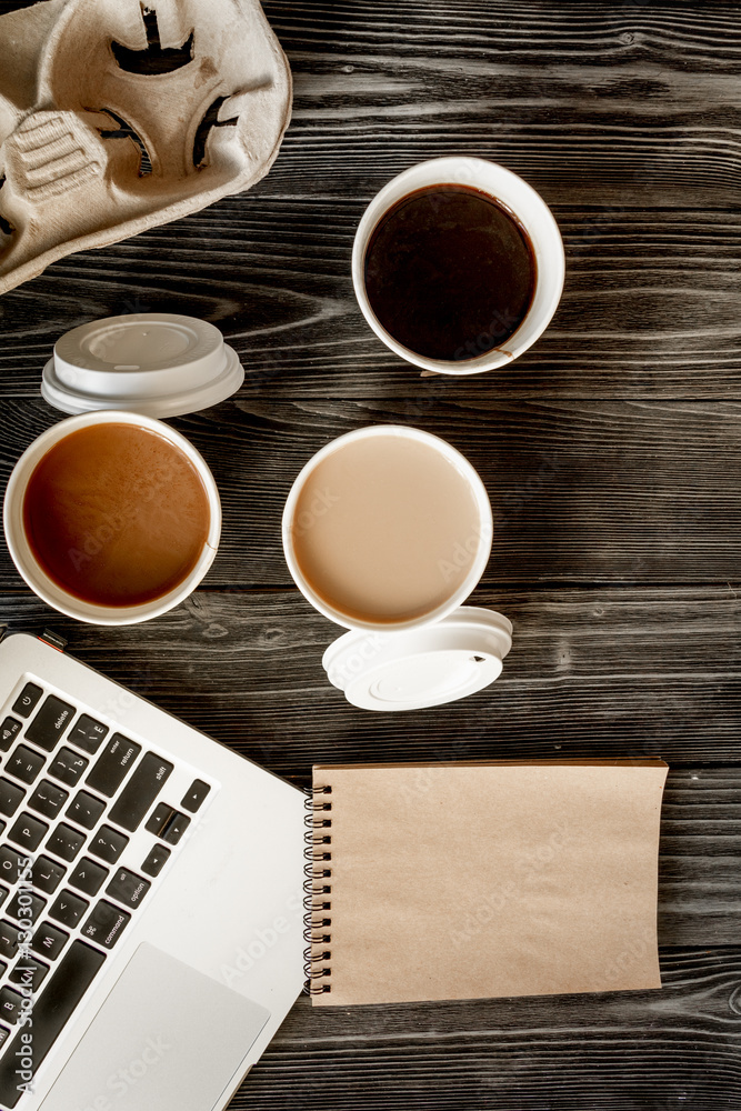 coffee break at wooden background top view