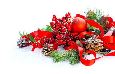 Red Christmas and New Year decoration isolated on white background. Border art design