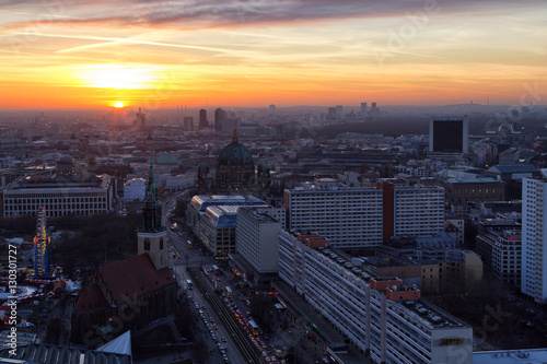 Berlin - Dec. 2016  Beautiful panoramic aerial view over Berlin  Berlin Cathedral - Berliner Dom  City Palace - Stadtschloss  Potsdamer Platz  Bundestag - Reichstag  with romantic colorful sunset.