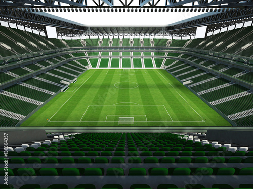 3D render of a large capacity soccer-football Stadium with an open roof and green seats