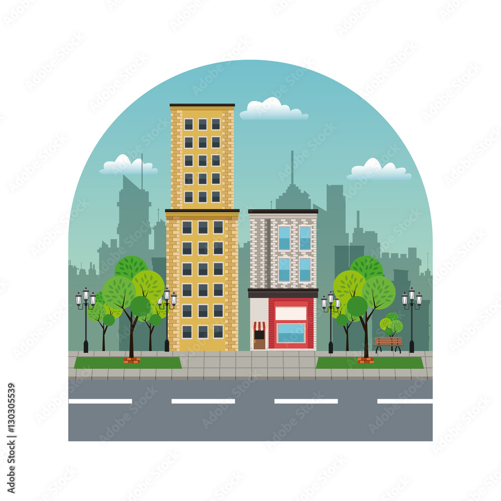 town buildings shops silhouette landscape city vector illustration eps 10