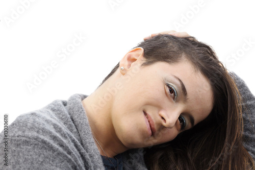 atractive woman showing shaving hairstyle over white