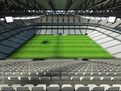 3D render of a large capacity soccer-football Stadium with an open roof and white seats