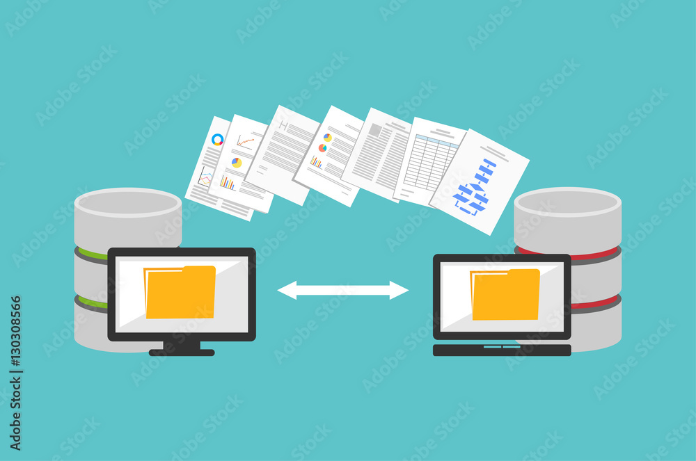 Transfer files. Sharing files. Backup files. Migration concept. Communication between two computers.