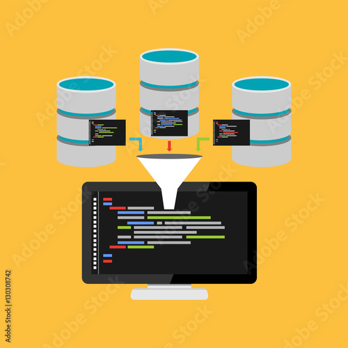 Script code for database query. Data mining process concept illustration.