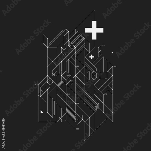 Abstract design element in draft style on black background. Useful for techno prints and posters.