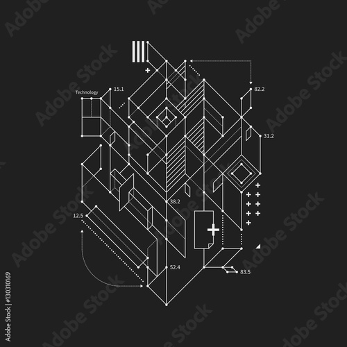 Abstract design element in draft style on black background. Useful for techno prints and posters.