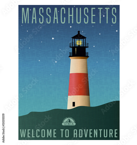 Massachusetts, United States travel poster or luggage sticker. Scenic illustration of a lighthouse on Nantucket Island at night with starry sky.