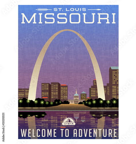 Missouri, United States travel poster or luggage sticker. Scenic illustration of the Gateway Arch and downtown St. Louis at night.