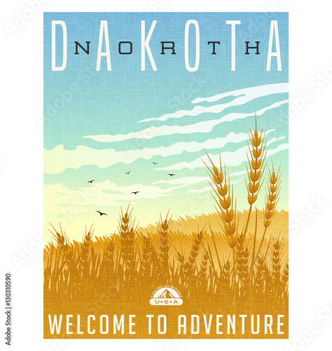 North Dakota, United States travel poster or luggage sticker. Scenic illustration of golden wheat fields with blackbirds and cirrus clouds overhead.