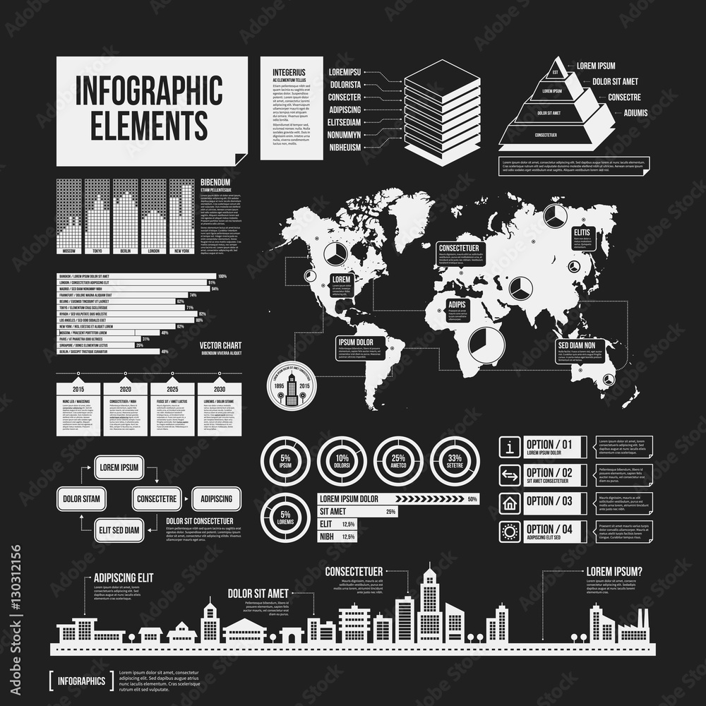 Big set of infographics elements in black and white colors. Monochrome design. Minimalistic style.