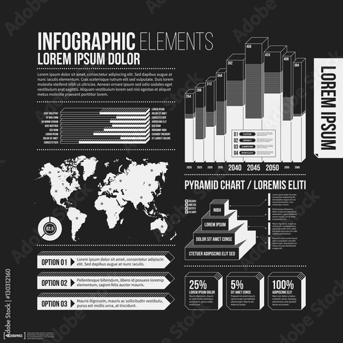 Big set of infographics elements in black and white colors. Monochrome design. Minimalistic style.