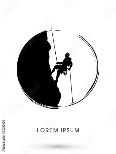 Silhouette Man climbing on a cliff, designed using grunge brush graphic vector.