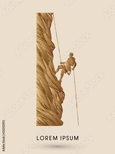 Silhouette Man climbing on a cliff, designed using grunge brush graphic vector.