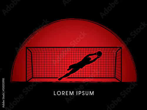 Goalkeeper jumping, catches the ball designed on sunset or sunrise background graphic vector.