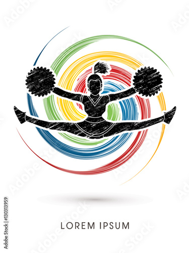 Cheerleader jumping designed using grunge brush on spin circle background graphic vector