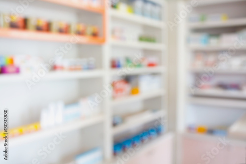 pharmacy shelves filled with medication blur background