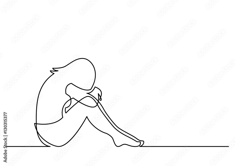 continuous line drawing of depressed woman sitting - obrazy, fototapety, plakaty 