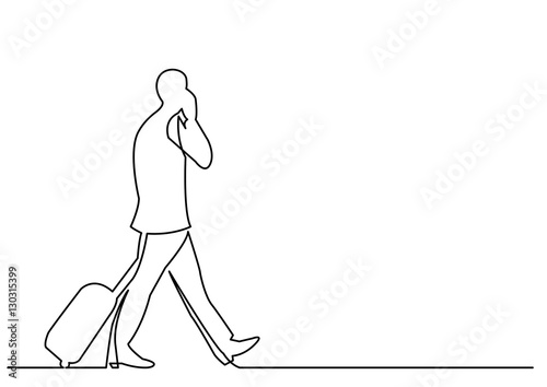 continuous line drawing of travelling businessman walking with r