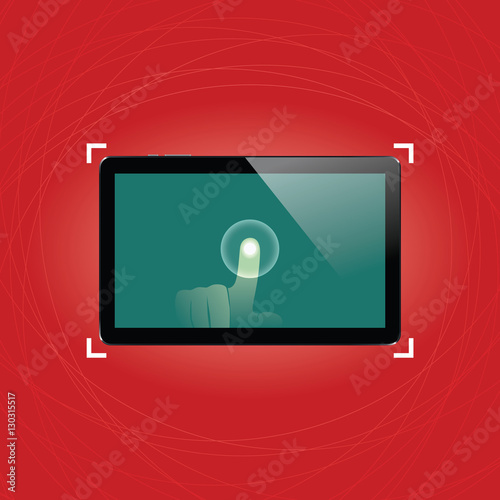 Digital tablet with shiny sensor screen with touch hand. Electronic smart device