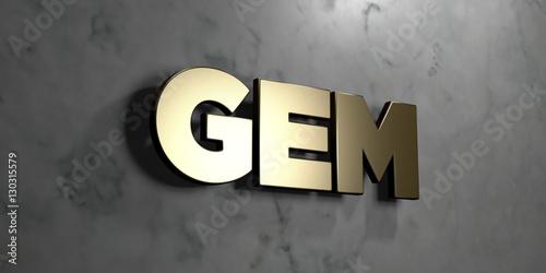 Gem - Gold sign mounted on glossy marble wall  - 3D rendered royalty free stock illustration. This image can be used for an online website banner ad or a print postcard. © Chris Titze Imaging