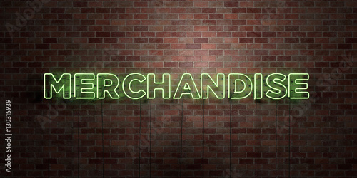 MERCHANDISE - fluorescent Neon tube Sign on brickwork - Front view - 3D rendered royalty free stock picture. Can be used for online banner ads and direct mailers.. photo