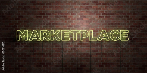 MARKETPLACE - fluorescent Neon tube Sign on brickwork - Front view - 3D rendered royalty free stock picture. Can be used for online banner ads and direct mailers.. photo