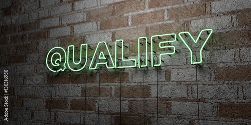QUALIFY - Glowing Neon Sign on stonework wall - 3D rendered royalty free stock illustration.  Can be used for online banner ads and direct mailers..