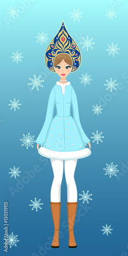 Girl in winter coat Siem reap and to the Russian crown. Russian winter Princess. The woman on the background of snowflakes. The national symbol of New Year. Vector illustration.