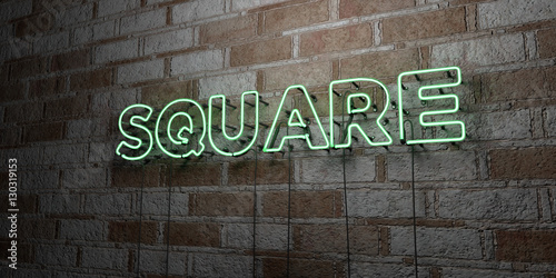 SQUARE - Glowing Neon Sign on stonework wall - 3D rendered royalty free stock illustration. Can be used for online banner ads and direct mailers..