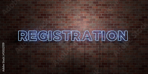 REGISTRATION - fluorescent Neon tube Sign on brickwork - Front view - 3D rendered royalty free stock picture. Can be used for online banner ads and direct mailers.. photo