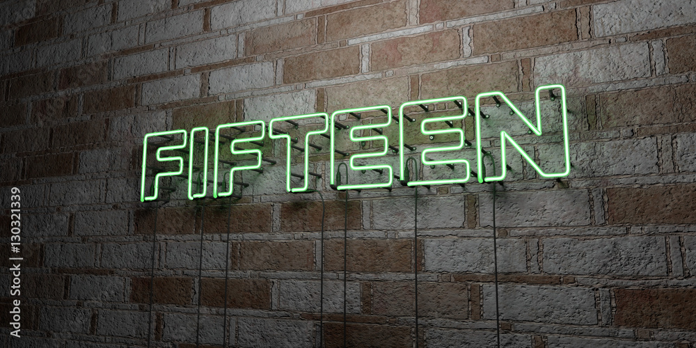 Fototapeta premium FIFTEEN - Glowing Neon Sign on stonework wall - 3D rendered royalty free stock illustration. Can be used for online banner ads and direct mailers..