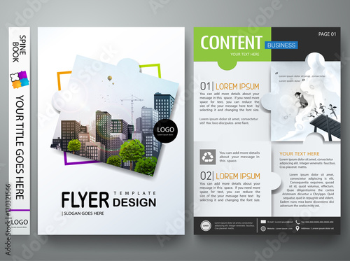 Brochure design template vector. Flyers annual report business magazine poster and portfolio. Leaflet cover book presentation. Abstract minimal jigsaw pattern and flat city. Layout in A4 size.