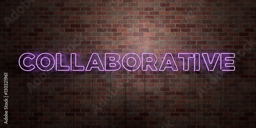 COLLABORATIVE - fluorescent Neon tube Sign on brickwork - Front view - 3D rendered royalty free stock picture. Can be used for online banner ads and direct mailers..