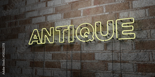 ANTIQUE - Glowing Neon Sign on stonework wall - 3D rendered royalty free stock illustration. Can be used for online banner ads and direct mailers..