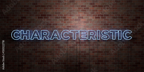 CHARACTERISTIC - fluorescent Neon tube Sign on brickwork - Front view - 3D rendered royalty free stock picture. Can be used for online banner ads and direct mailers..