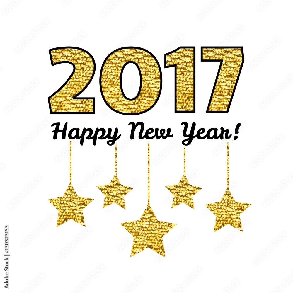 Happy New Year 2017 card with gold star isolated on white background.