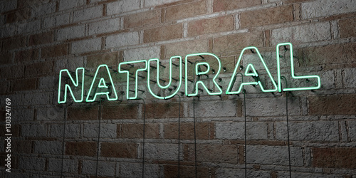 NATURAL - Glowing Neon Sign on stonework wall - 3D rendered royalty free stock illustration. Can be used for online banner ads and direct mailers..