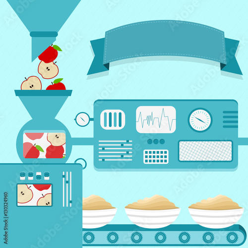 Vector illustration of factory producing Apple cream. Apple cream production from fresh apple fruit. Empty ribbon for insert text.