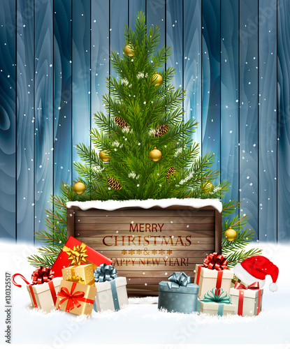 Holiday background with a Christmas tree and presents with santa